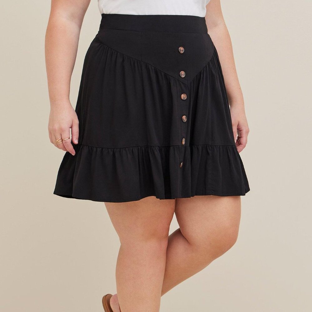 Button Front Tiered Mini Skirt - Challis Black